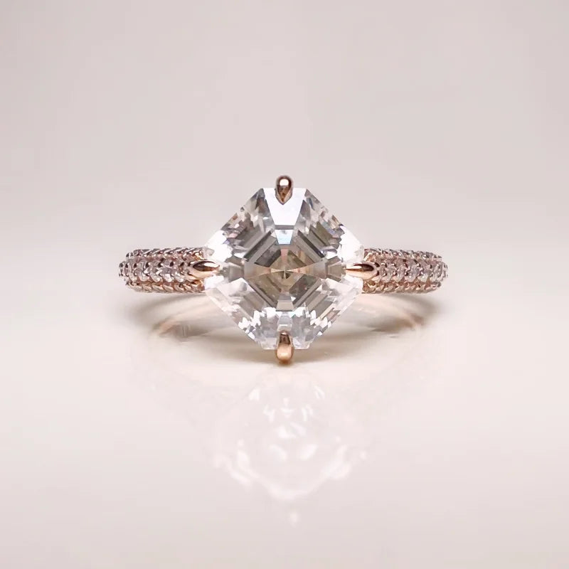 Asscher Cut Pave Band Engagement Ring | Lady Estere Jewellery | Worldwide Shipping 14K 18K Solid Gold Lab-Grown Diamond Moissanite White