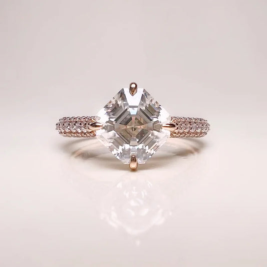 Asscher Cut Pave Band Engagement Ring | Lady Estere Jewellery | Worldwide Shipping 14K 18K Solid Gold Lab-Grown Diamond Moissanite White