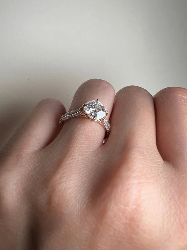 Asscher Cut Pave Band Engagement Ring | Lady Estere Jewellery | Worldwide Shipping 14K 18K Solid Gold Lab-Grown Diamond Moissanite White