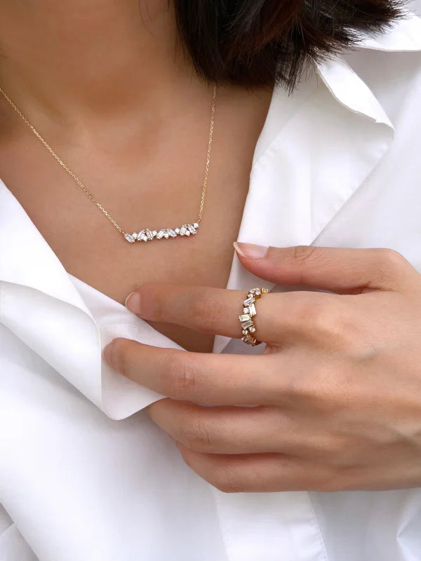 Confetti | Baguette & Round Cut Bar Necklace (Solid Gold) | Lady Estere Jewellery 14K 18K Solid Gold Lab-Grown Diamond Moissanite White