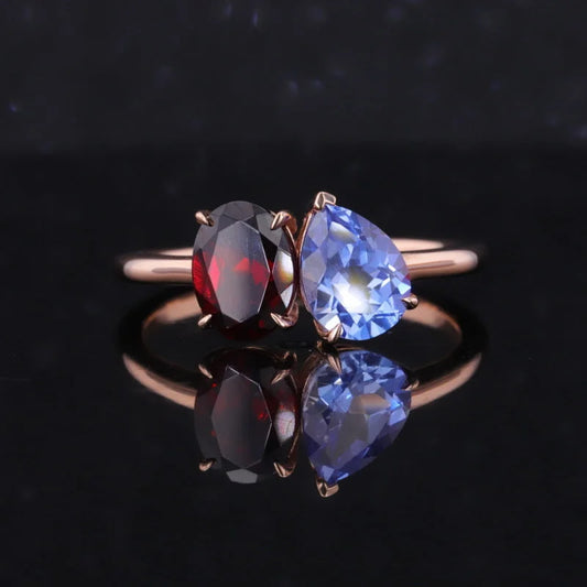 Custom Garnet & Lab Grown Sapphire Toi et Moi Birthstone Ring | Lady Estere Jewellery 14K 18K Solid Gold Lab-Grown Diamond Moissanite White