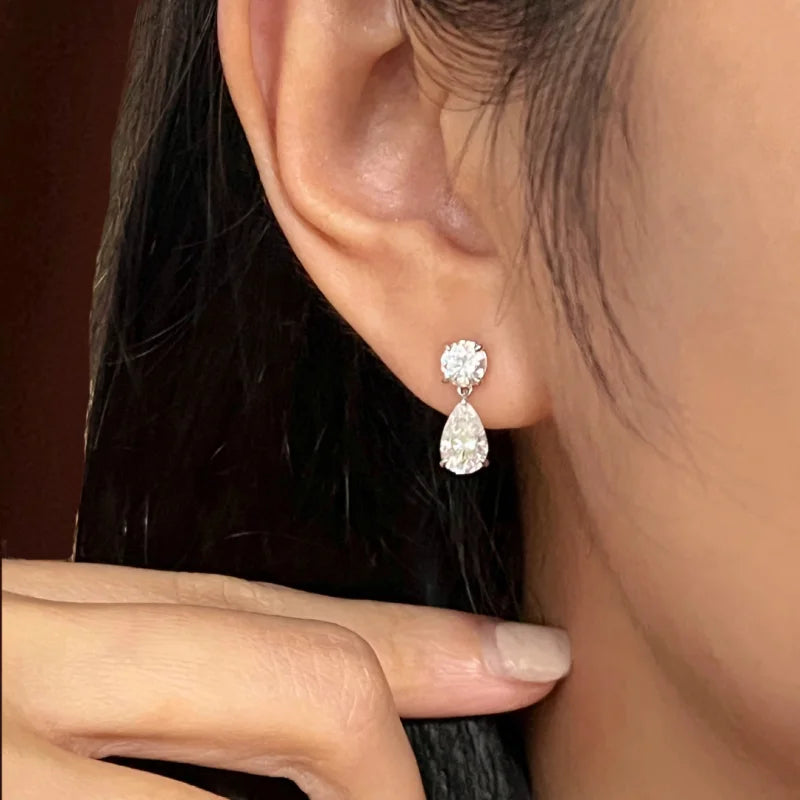 Duo | Drop Earrings 3ct Round & Pear Cut Moissanite (Solid Gold) | Lady Estere Jewellery 14K 18K Solid Gold Lab-Grown Diamond White Yellow