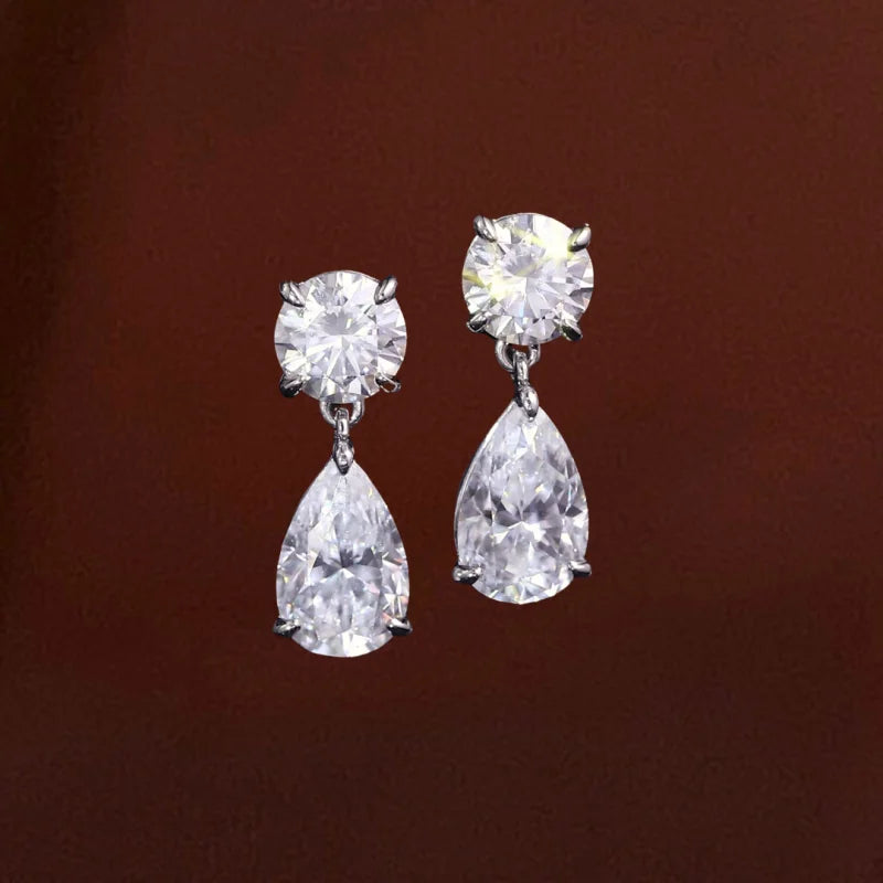 Duo | Drop Earrings 3ct Round & Pear Cut Moissanite (Solid Gold) | Lady Estere Jewellery 14K 18K Solid Gold Lab-Grown Diamond White Yellow