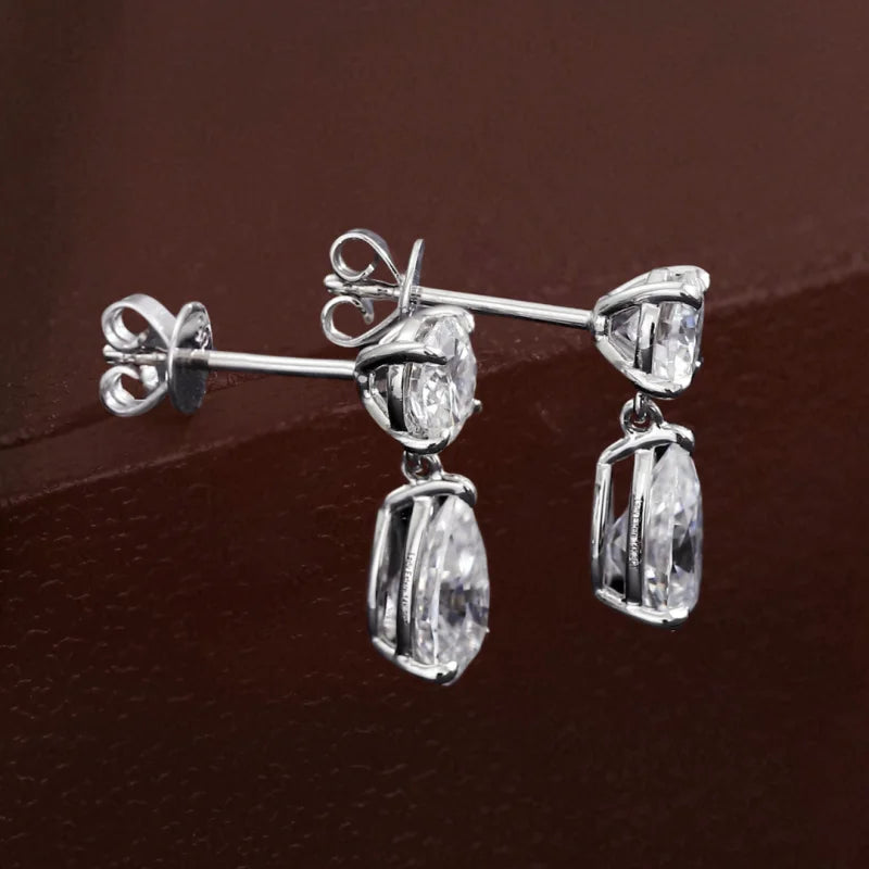 Duo | Drop Earrings 3ct Round & Pear Cut Moissanite (Solid Gold) | Lady Estere Jewellery 14K 18K Solid Gold Lab-Grown Diamond White Yellow