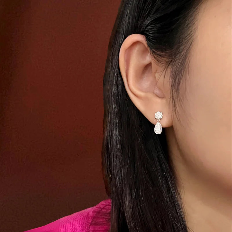 Duo | Drop Earrings 3ct Round & Pear Cut Moissanite (Solid Gold) | Lady Estere Jewellery 14K 18K Solid Gold Lab-Grown Diamond White Yellow