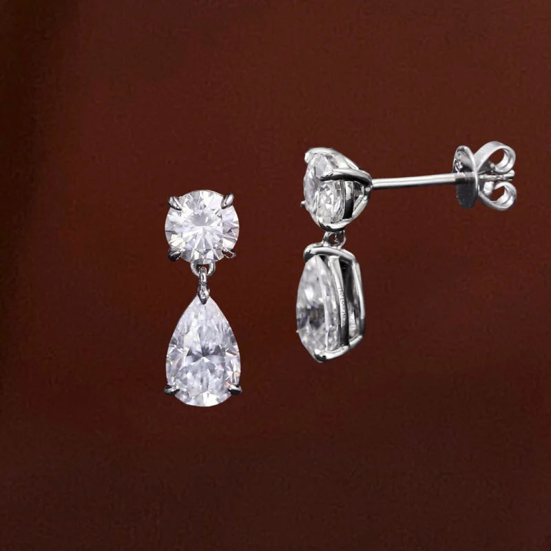 Duo | Drop Earrings 3ct Round & Pear Cut Moissanite (Solid Gold) | Lady Estere Jewellery 14K 18K Solid Gold Lab-Grown Diamond White Yellow