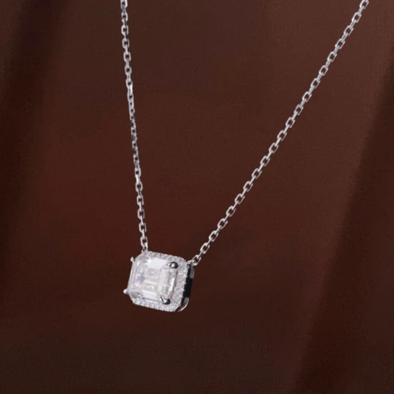 Emerald Cut Halo Necklace (Solid Gold) | Lady Estere Jewellery | Worldwide Shipping 14K 18K Solid Gold Lab Grown Diamond Moissanite White