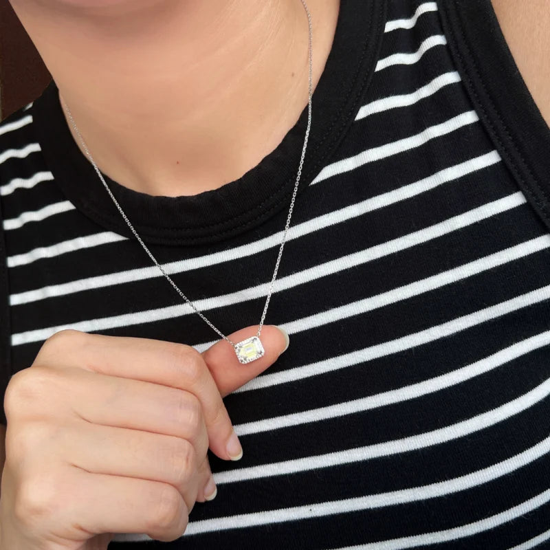 Emerald Cut Halo Necklace (Solid Gold) | Lady Estere Jewellery | Worldwide Shipping 14K 18K Solid Gold Lab Grown Diamond Moissanite White