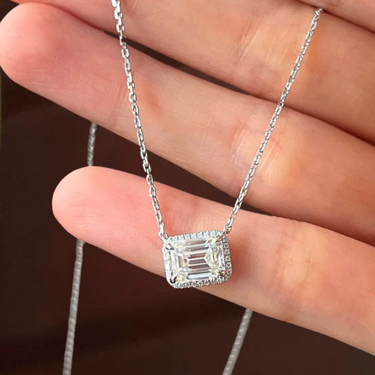 Emerald Cut Halo Necklace (Solid Gold) | Lady Estere Jewellery | Worldwide Shipping 14K 18K Solid Gold Lab Grown Diamond Moissanite White