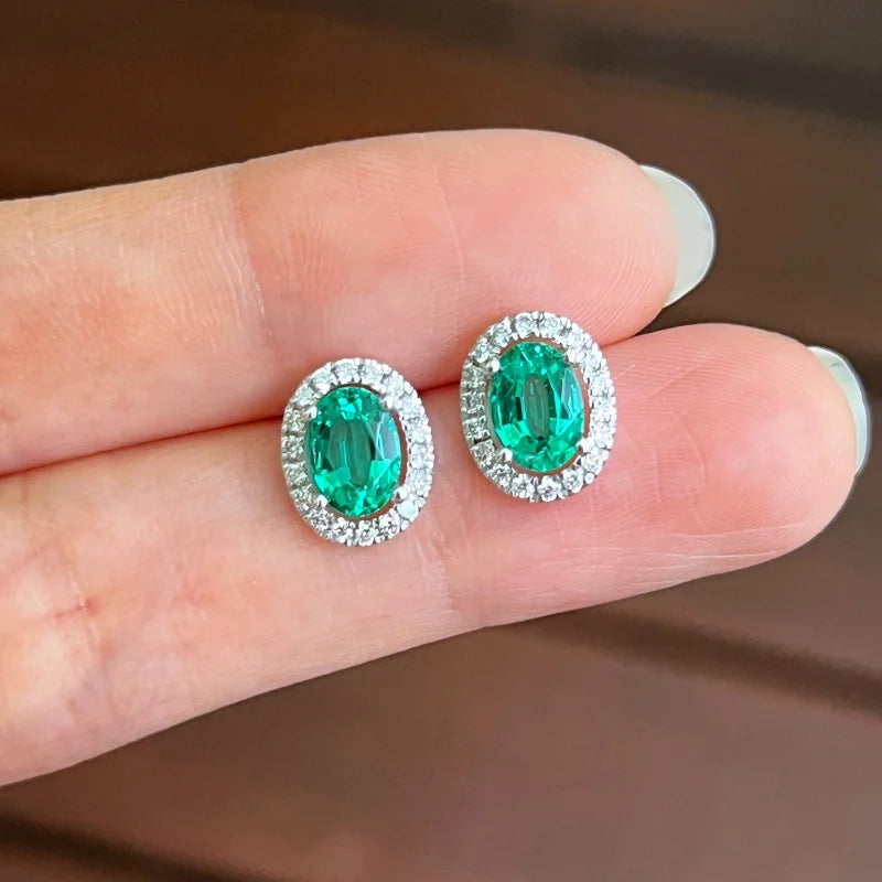 Halo | Oval Lab-Grown Emerald & Diamond Studs (Solid White Gold) | Lady Estere Jewellery 14K 18K Solid Gold Moissanite Yellow Rose SG, AU,