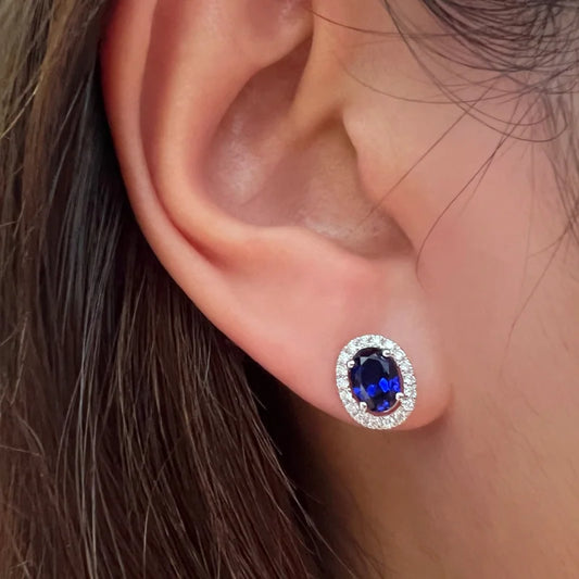Halo | Oval Lab Grown Sapphire & Diamond Studs (Solid White Gold) | Lady Estere Jewellery 14K 18K Solid Gold Moissanite Yellow Rose SG, AU,