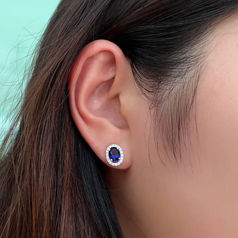 Halo | Oval Lab Grown Sapphire & Diamond Studs (Solid White Gold) | Lady Estere Jewellery 14K 18K Solid Gold Moissanite Yellow Rose SG, AU,