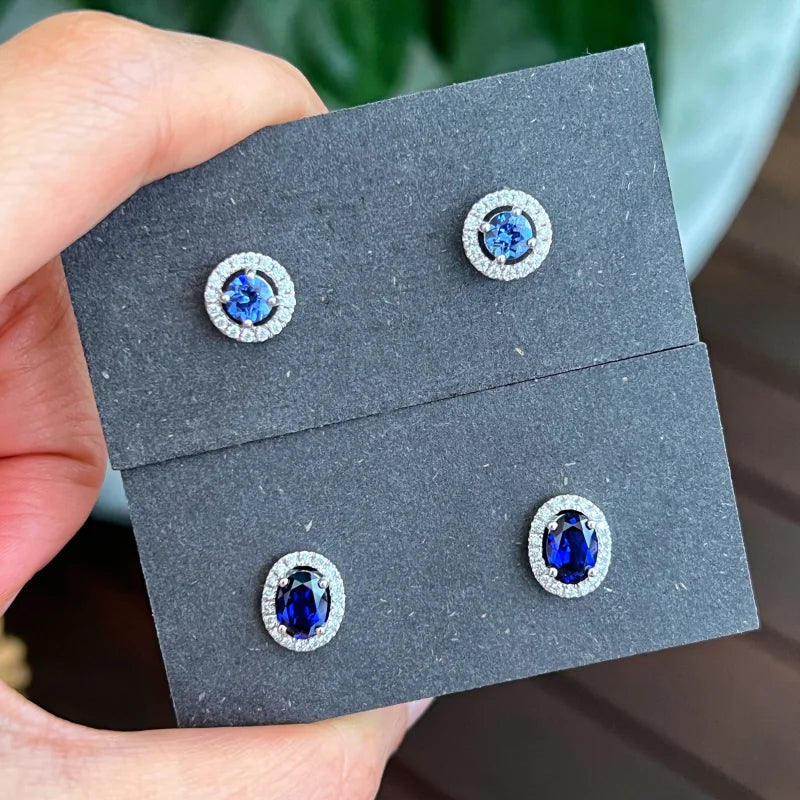 Halo | Oval Lab Grown Sapphire & Diamond Studs (Solid White Gold) | Lady Estere Jewellery 14K 18K Solid Gold Moissanite Yellow Rose SG, AU,