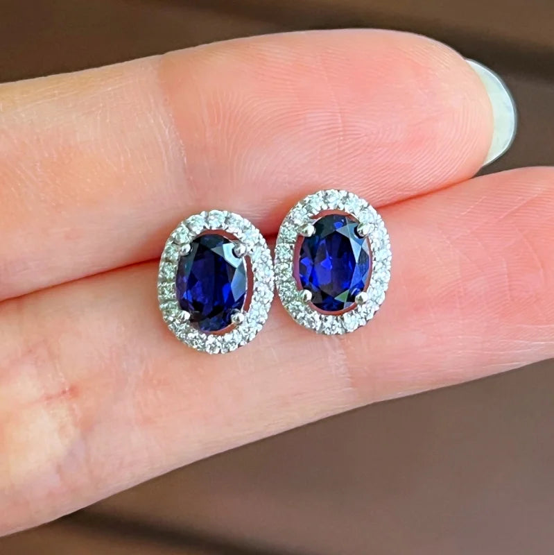 Halo | Oval Lab Grown Sapphire & Diamond Studs (Solid White Gold) | Lady Estere Jewellery 14K 18K Solid Gold Moissanite Yellow Rose SG, AU,