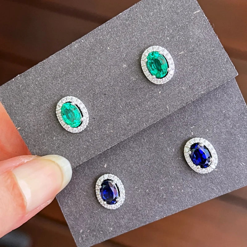 Halo | Oval Lab Grown Sapphire & Diamond Studs (Solid White Gold) | Lady Estere Jewellery 14K 18K Solid Gold Moissanite Yellow Rose SG, AU,