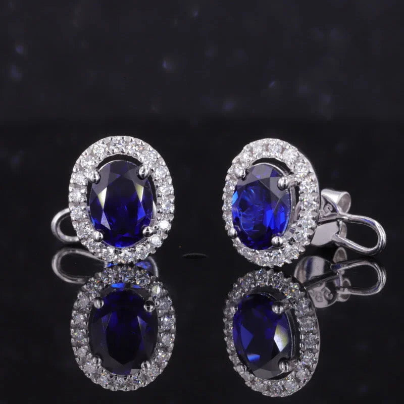 Halo | Oval Lab Grown Sapphire & Diamond Studs (Solid White Gold) | Lady Estere Jewellery 14K 18K Solid Gold Moissanite Yellow Rose SG, AU,