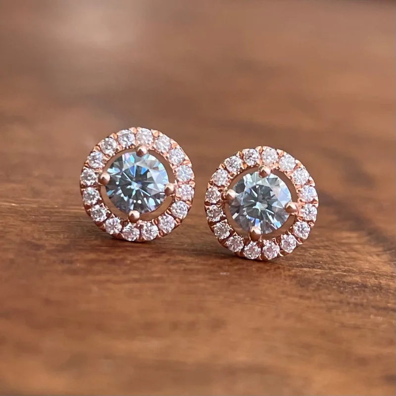 Halo Studs | Blue-Grey (Rose Gold) 14K Rose Gold Round Glue-Grey Diamond Moissanite Earrings (lab-grown) Lady Estere Jewellery 18K Solid