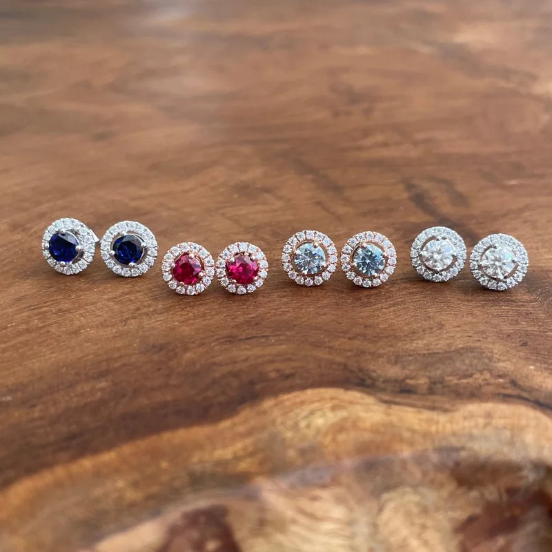 Halo Studs | Blue-Grey (Rose Gold) | Lady Estere Jewellery | Worldwide Shipping 14K 18K Solid Gold Lab-Grown Diamond Moissanite White