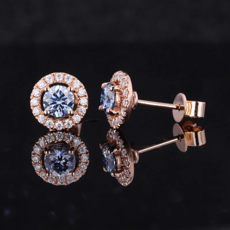 Halo Studs | Blue-Grey (Rose Gold) | Lady Estere Jewellery | Worldwide Shipping 14K 18K Solid Gold Lab-Grown Diamond Moissanite White