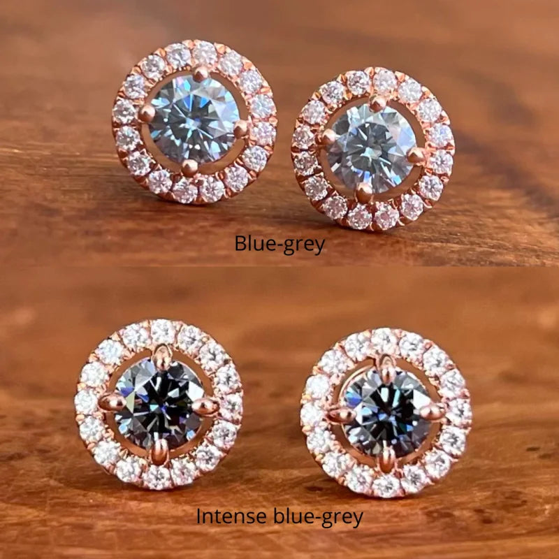 Halo Studs | Blue-Grey (Rose Gold) | Lady Estere Jewellery | Worldwide Shipping 14K 18K Solid Gold Lab-Grown Diamond Moissanite White