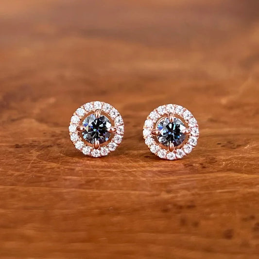 Halo Studs | Blue-Grey (Rose Gold) | Lady Estere Jewellery | Worldwide Shipping 14K 18K Solid Gold Lab-Grown Diamond Moissanite White