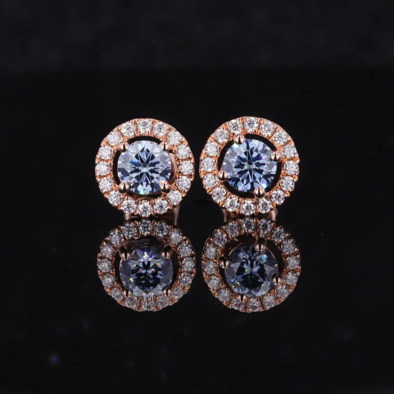 Halo Studs | Blue-Grey (Rose Gold) | Lady Estere Jewellery | Worldwide Shipping 14K 18K Solid Gold Lab-Grown Diamond Moissanite White