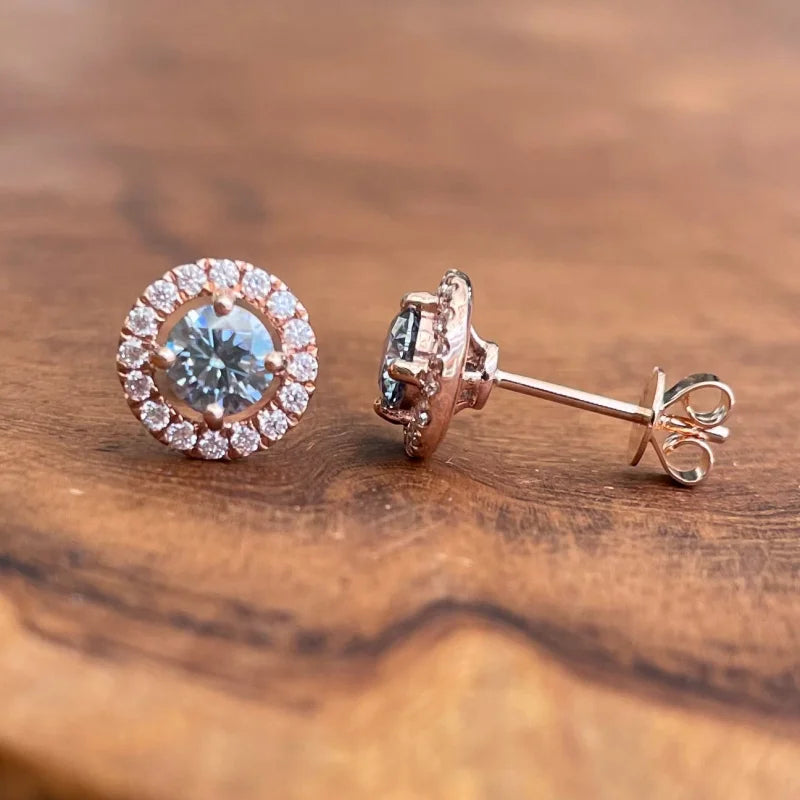 Halo Studs | Blue-Grey (Rose Gold) | Lady Estere Jewellery | Worldwide Shipping 14K 18K Solid Gold Lab-Grown Diamond Moissanite White