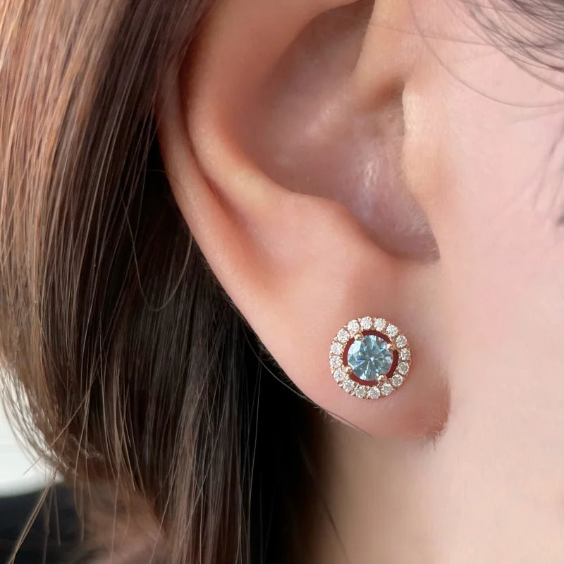 Halo Studs | Blue-Grey (Rose Gold) | Lady Estere Jewellery | Worldwide Shipping 14K 18K Solid Gold Lab-Grown Diamond Moissanite White