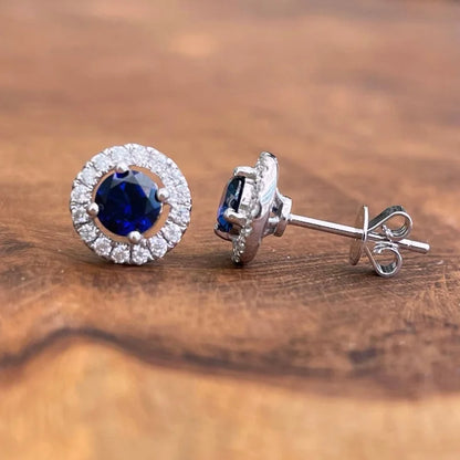 Halo Studs | Lab-Grown Sapphires (White Gold) | Lady Estere Jewellery | Worldwide Shipping 14K 18K Solid Gold Diamond Moissanite White