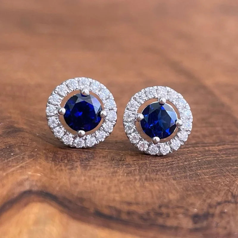 Halo Studs | Lab-Grown Sapphires (White Gold) | Lady Estere Jewellery | Worldwide Shipping 14K 18K Solid Gold Diamond Moissanite White