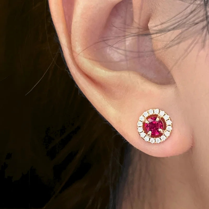 Halo Studs | Ruby (Rose Gold) | Lady Estere Jewellery | Worldwide Shipping 14K 18K Solid Gold Lab Grown Diamond Moissanite White Yellow