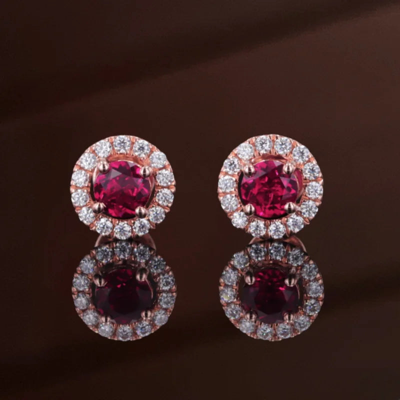 Halo Studs | Ruby (Rose Gold) | Lady Estere Jewellery | Worldwide Shipping 14K 18K Solid Gold Lab Grown Diamond Moissanite White Yellow