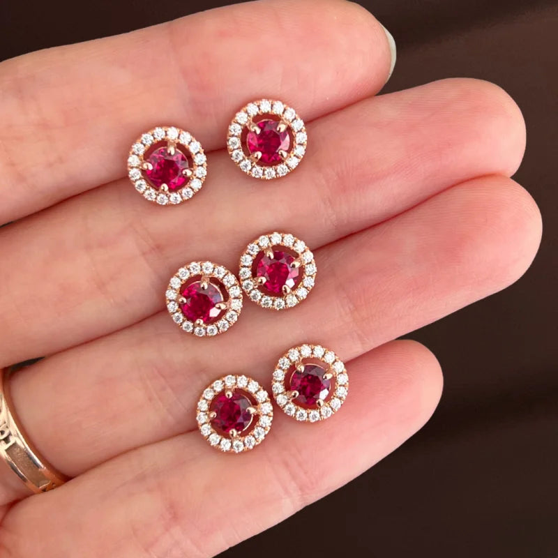 Halo Studs | Ruby (Rose Gold) | Lady Estere Jewellery | Worldwide Shipping 14K 18K Solid Gold Lab Grown Diamond Moissanite White Yellow