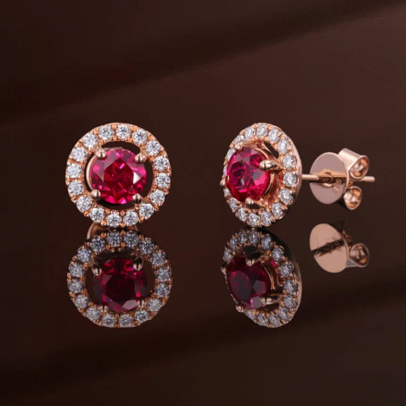 Halo Studs | Ruby (Rose Gold) | Lady Estere Jewellery | Worldwide Shipping 14K 18K Solid Gold Lab Grown Diamond Moissanite White Yellow