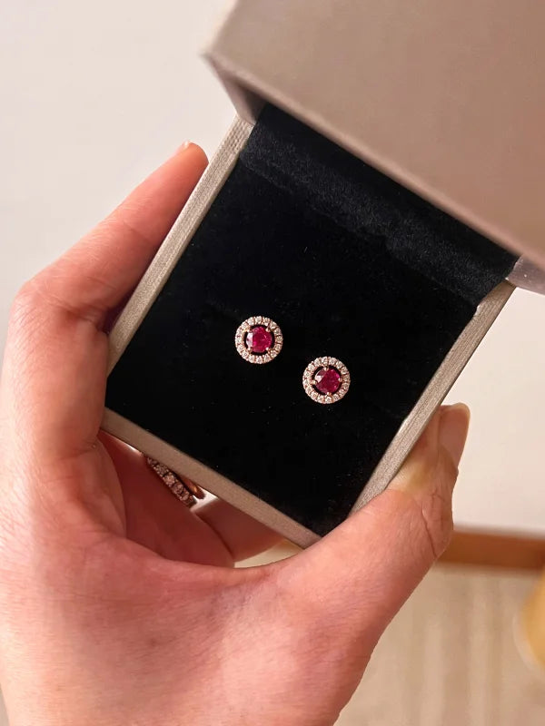 Halo Studs | Ruby (Rose Gold) | Lady Estere Jewellery | Worldwide Shipping 14K 18K Solid Gold Lab Grown Diamond Moissanite White Yellow