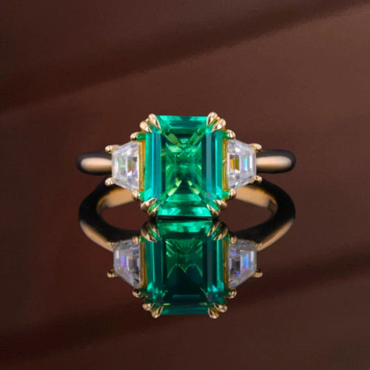 Lab Grown Emerald Trilogy Step Cut Ring (Solid gold) | Lady Estere Jewellery | Worldwide 14K 18K Solid Gold Diamond Moissanite White Yellow