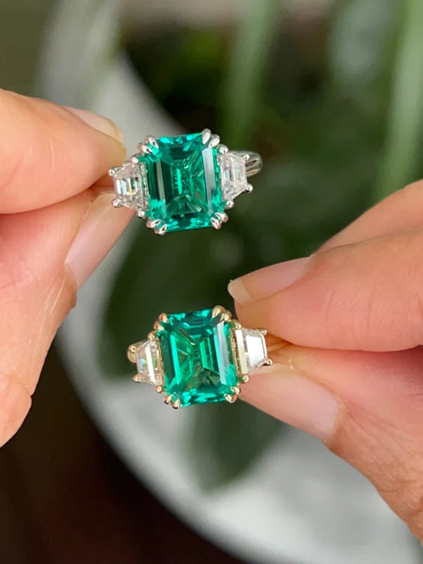 Lab Grown Emerald Trilogy Step Cut Ring (Solid gold) | Lady Estere Jewellery | Worldwide 14K 18K Solid Gold Diamond Moissanite White Yellow