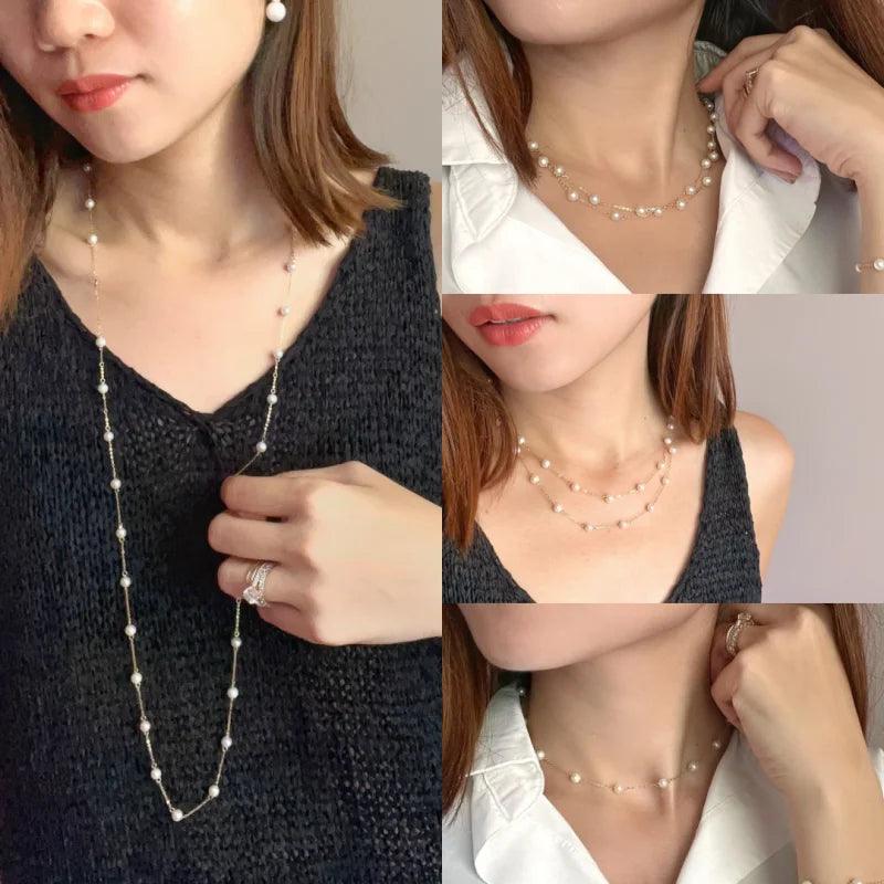 Le Blanc | Station Pearl 2 in 1 Necklace (Solid Gold) | Lady Estere Jewellery | Worldwide 14K 18K Solid Gold Lab Grown Diamond Moissanite