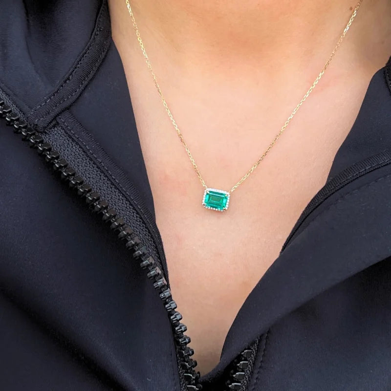 Lindy | Lab Grown Emerald & Diamond Halo Necklace (Solid Gold) | Lady Estere Jewellery 14K 18K Solid Gold Moissanite White Yellow Rose SG,