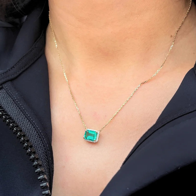 Lindy | Lab Grown Emerald & Diamond Halo Necklace (Solid Gold) | Lady Estere Jewellery 14K 18K Solid Gold Moissanite White Yellow Rose SG,