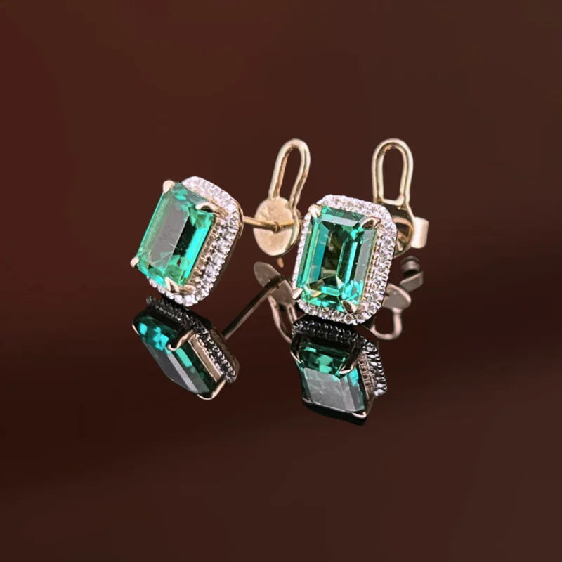 Lindy | Lab-Grown Emerald & Diamond Halo Studs (Solid Gold) | Lady Estere Jewellery 14K 18K Solid Gold Moissanite White Yellow Rose SG, AU,
