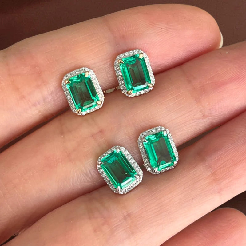 Lindy | Lab-Grown Emerald & Diamond Halo Studs (Solid Gold) | Lady Estere Jewellery 14K 18K Solid Gold Moissanite White Yellow Rose SG, AU,