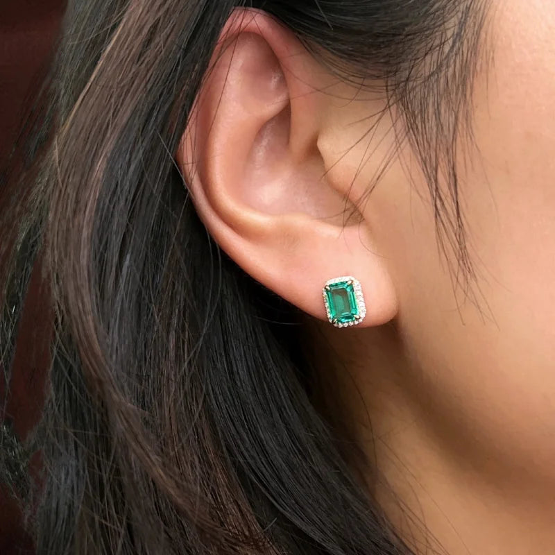 Lindy | Lab-Grown Emerald & Diamond Halo Studs (Solid Gold) | Lady Estere Jewellery 14K 18K Solid Gold Moissanite White Yellow Rose SG, AU,