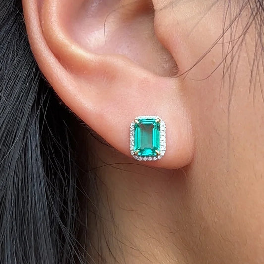 Lindy | Lab-Grown Emerald & Diamond Halo Studs (Solid Gold) | Lady Estere Jewellery 14K 18K Solid Gold Moissanite White Yellow Rose SG, AU,