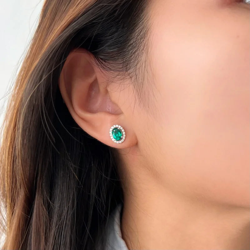 Oval Lab Grown Emerald Halo Studs (Solid White Gold) | Lady Estere Jewellery | Worldwide 14K 18K Solid Gold Lab-Grown Diamond Moissanite