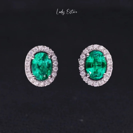 Oval Lab Grown Emerald Halo Studs (Solid White Gold) | Lady Estere Jewellery | Worldwide 14K 18K Solid Gold Lab-Grown Diamond Moissanite