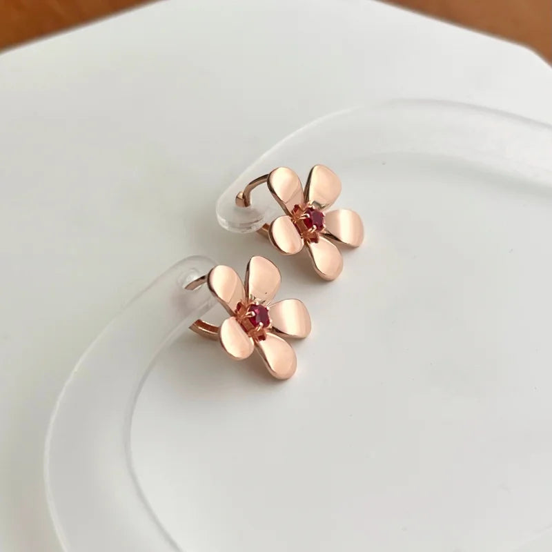 Petale | Flower Earrings in Rose Gold Ruby (Solid Gold) | Lady Estere Jewellery 14K 18K Solid Lab-Grown Diamond Moissanite White Yellow SG,