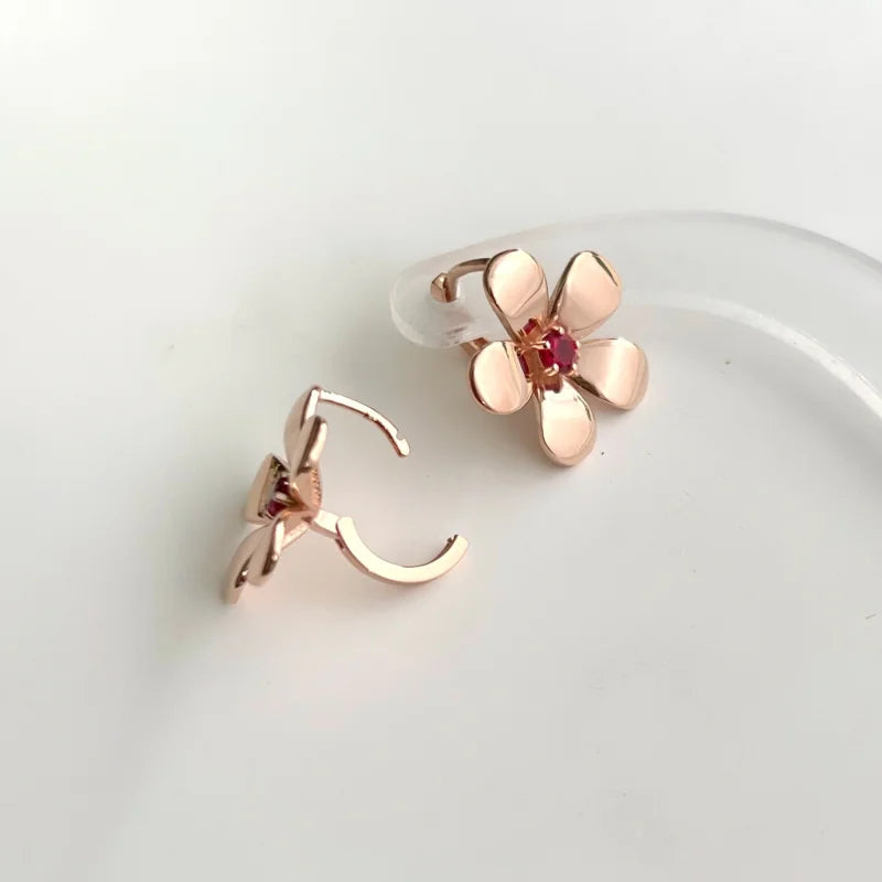 Petale | Flower Earrings in Rose Gold Ruby (Solid Gold) | Lady Estere Jewellery 14K 18K Solid Lab-Grown Diamond Moissanite White Yellow SG,