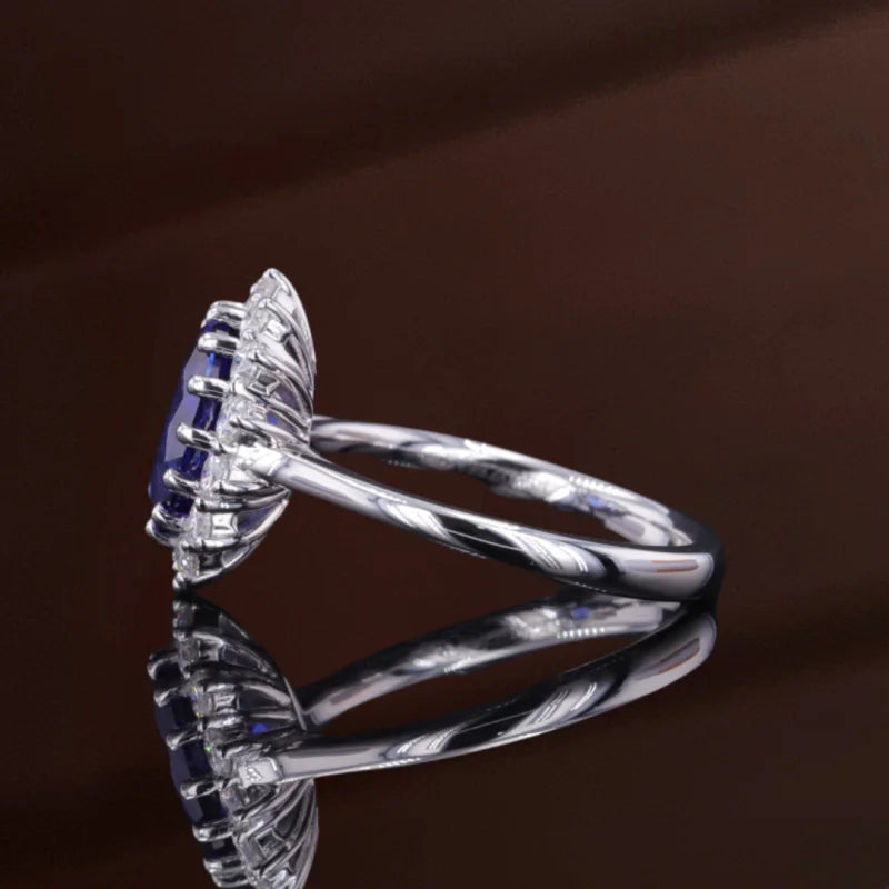Princess-D Blue Sapphire Diamond Halo Ring (Solid gold) | Lady Estere Jewellery 14K 18K Solid Gold Lab-Grown Moissanite White Yellow Rose