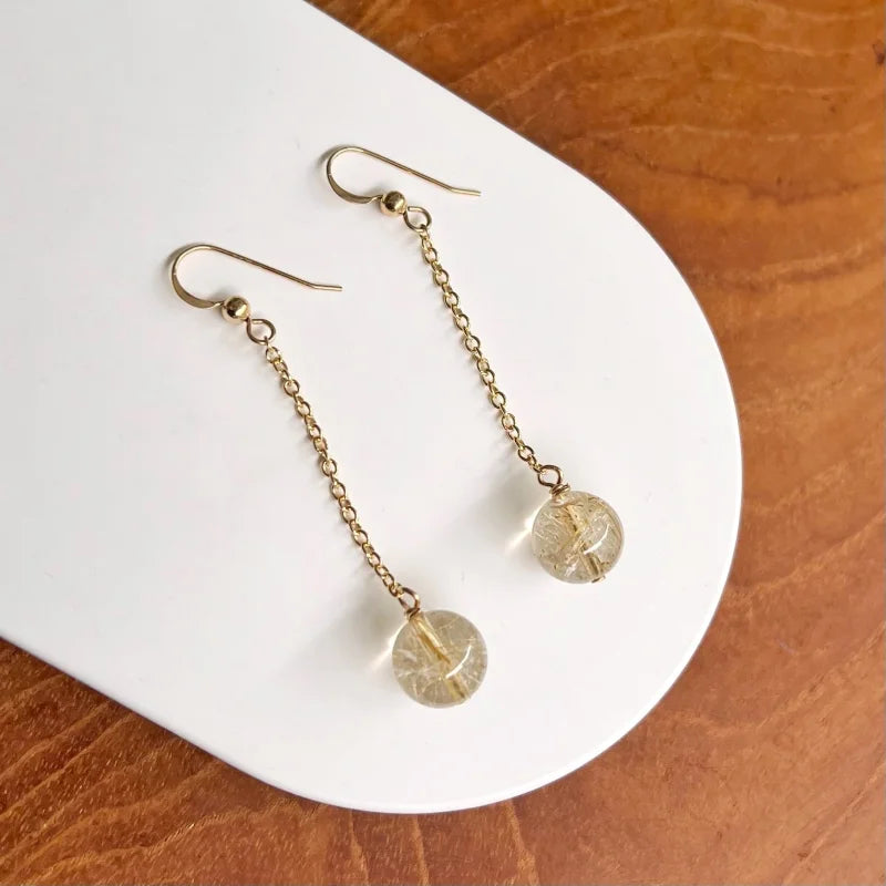 Sunbeam | Golden Rutilated Quartz Handmade Ear Dangles | Lady Estere Jewellery 14K 18K Solid Gold Lab-Grown Diamond Moissanite White Yellow